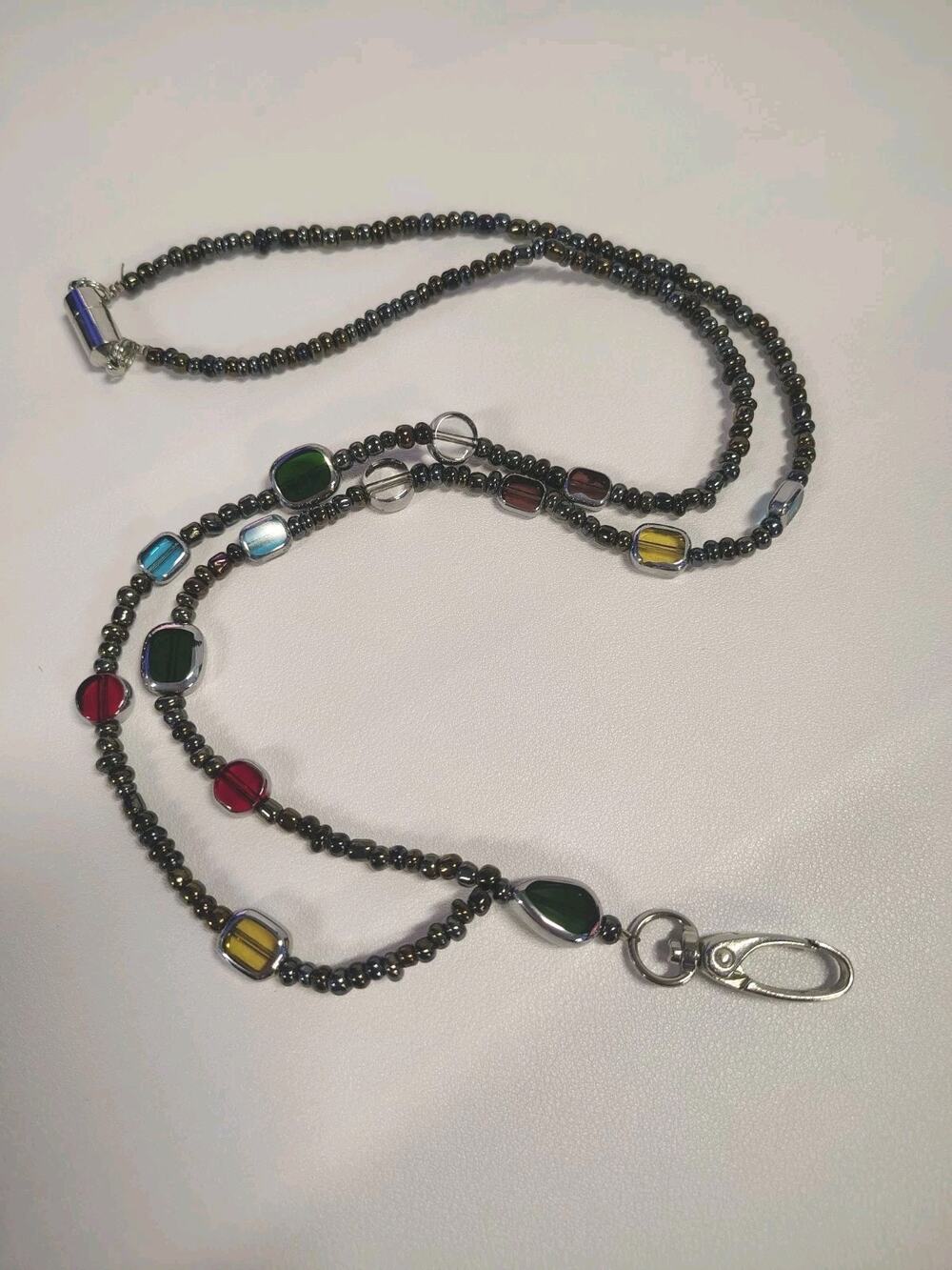 Stained Glass Beaded Lanyard Magnetic Closure 32" total length Gray Multicolor
